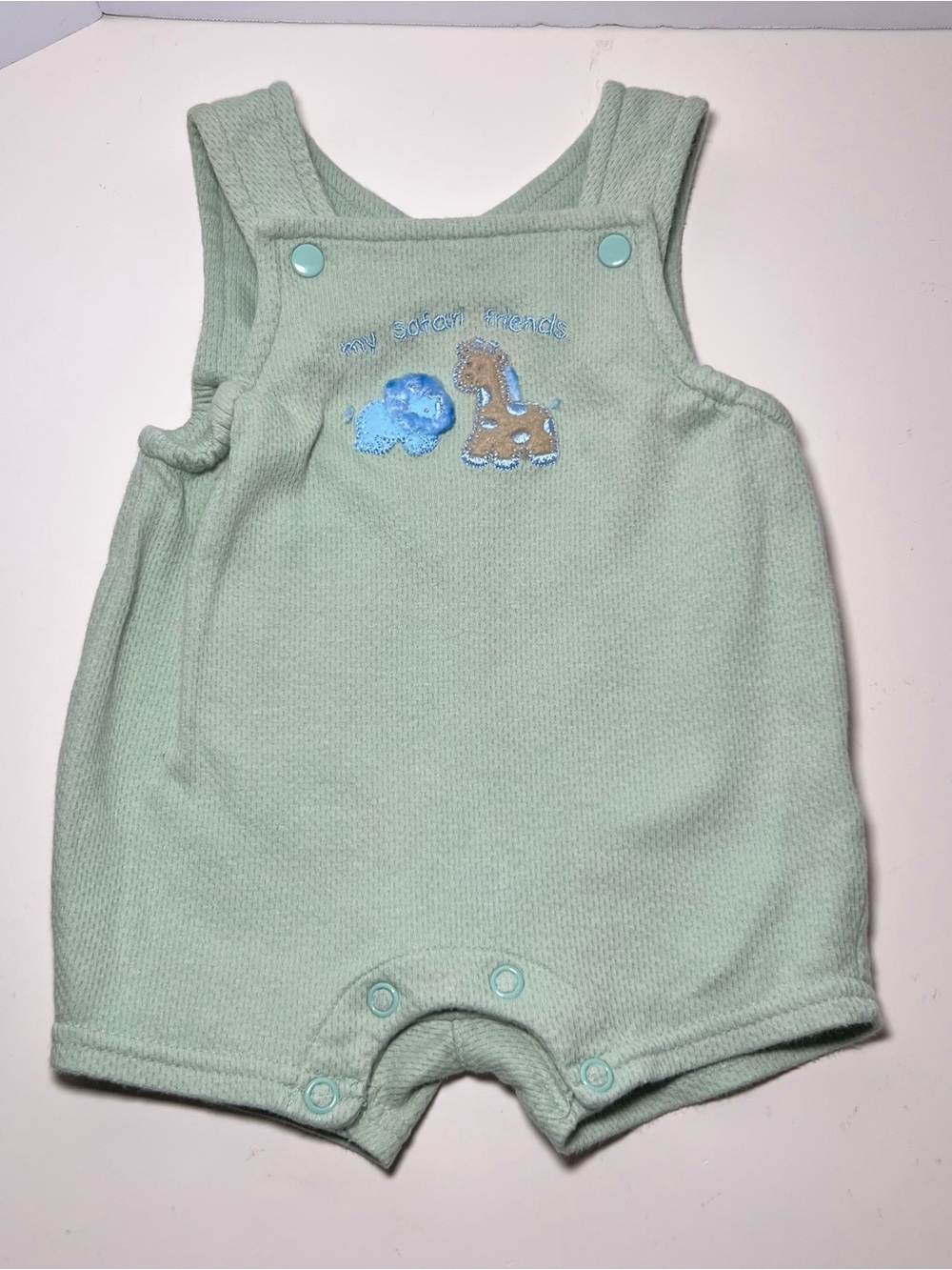 Vintage 90s Green Romper Newborn Zoo Embroidery Appliqué Shortalls Kid Core